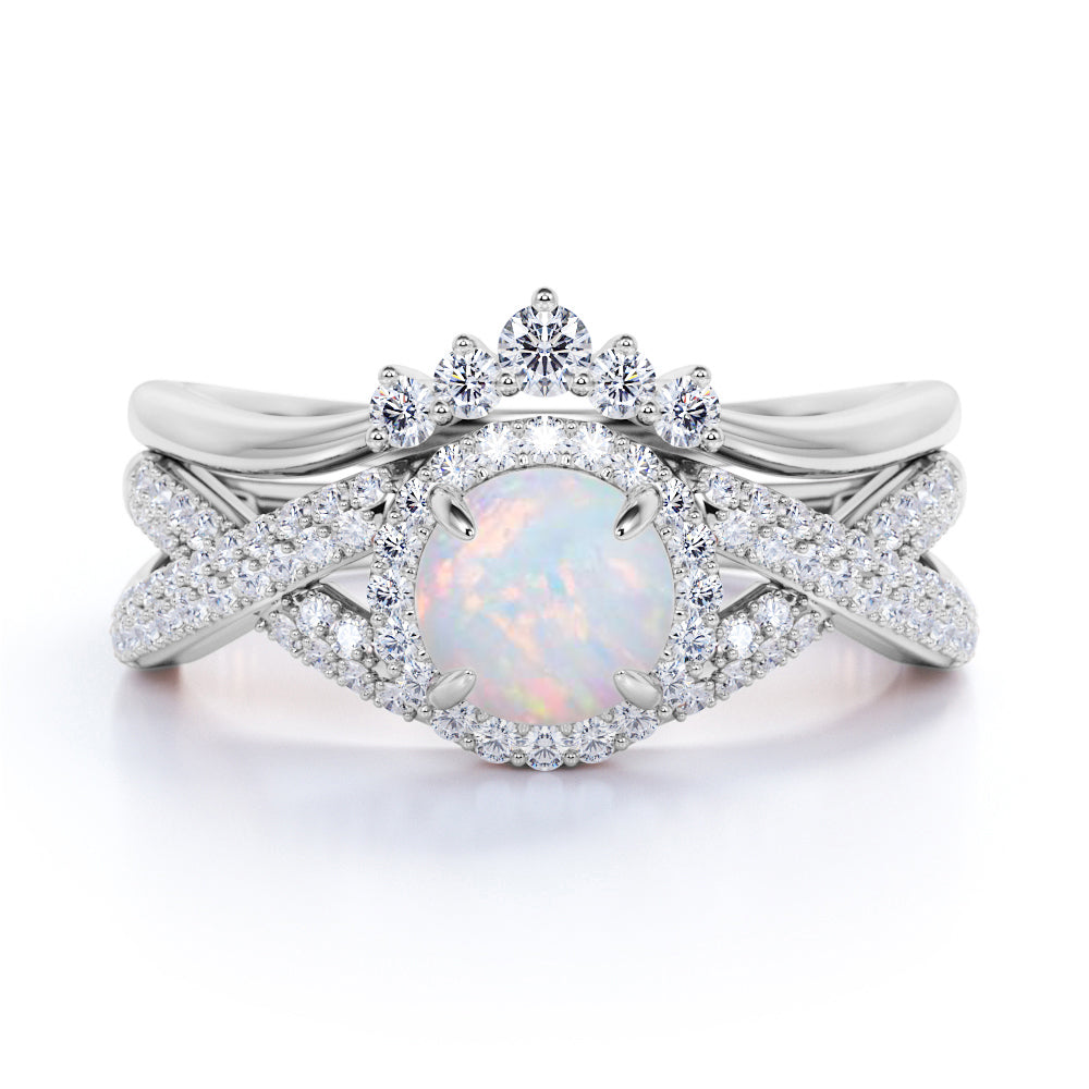 1.75 Vintage Round Blue Fire Opal and Moissanite Wedding Ring Set in 18K White Gold over Silver