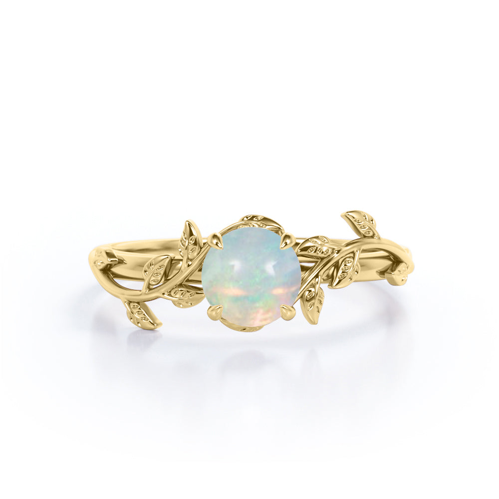 Botanical Design - 0.50 Carat Round Shaped White Fiery Opal - Solitaire Engagement Ring - 18K White Gold Plating over Silver