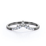 V Curved 0.15 TCW Marquise and Round Cut Moissanite Pave Prong Shank Wedding Band in White Gold