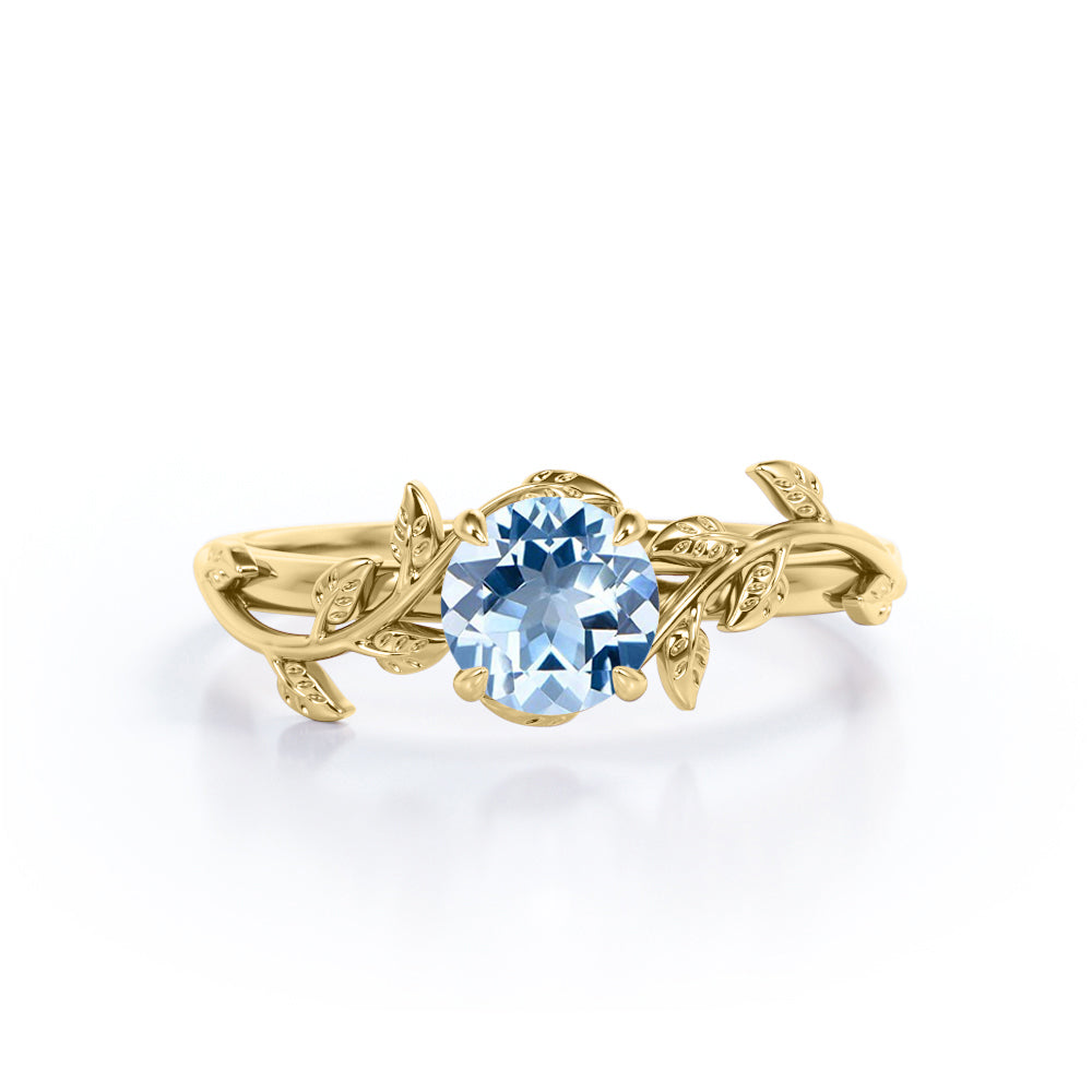 Solitaire 0.50 ct Round Aquamarine Leaf Engagement Ring