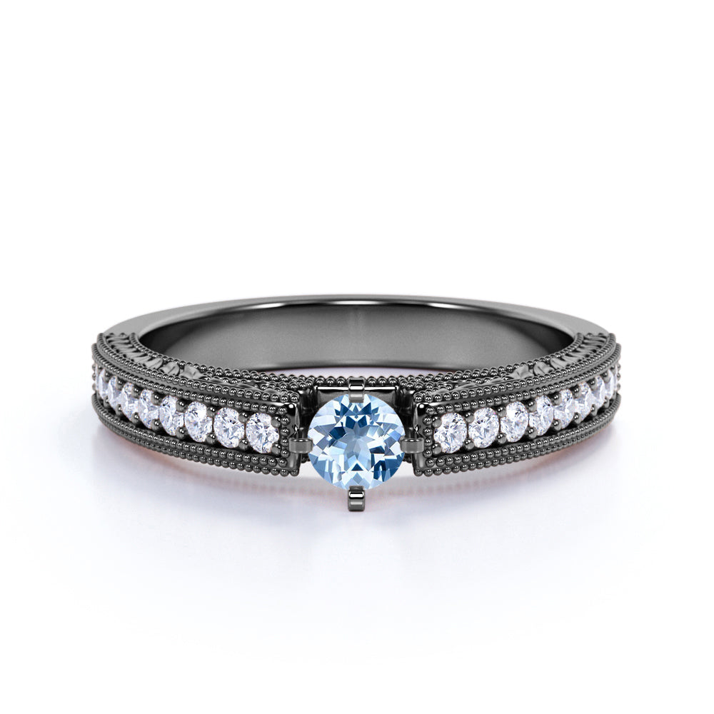 1 carat Round Sky Blue Created Aquamarine Modern Anniversary Ring in 18k Yellow Gold over Silver