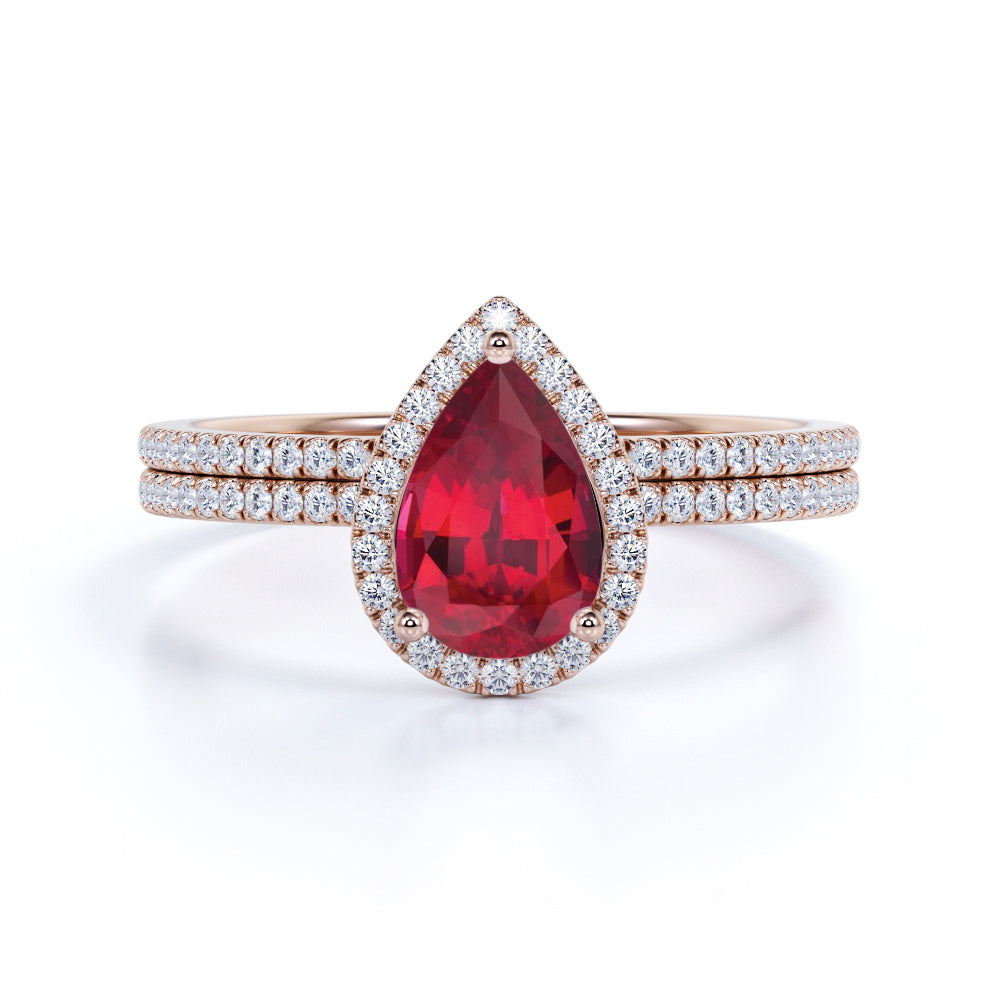 Pave 1.50 ct Pear Lab-Created Ruby Halo Bridal Set