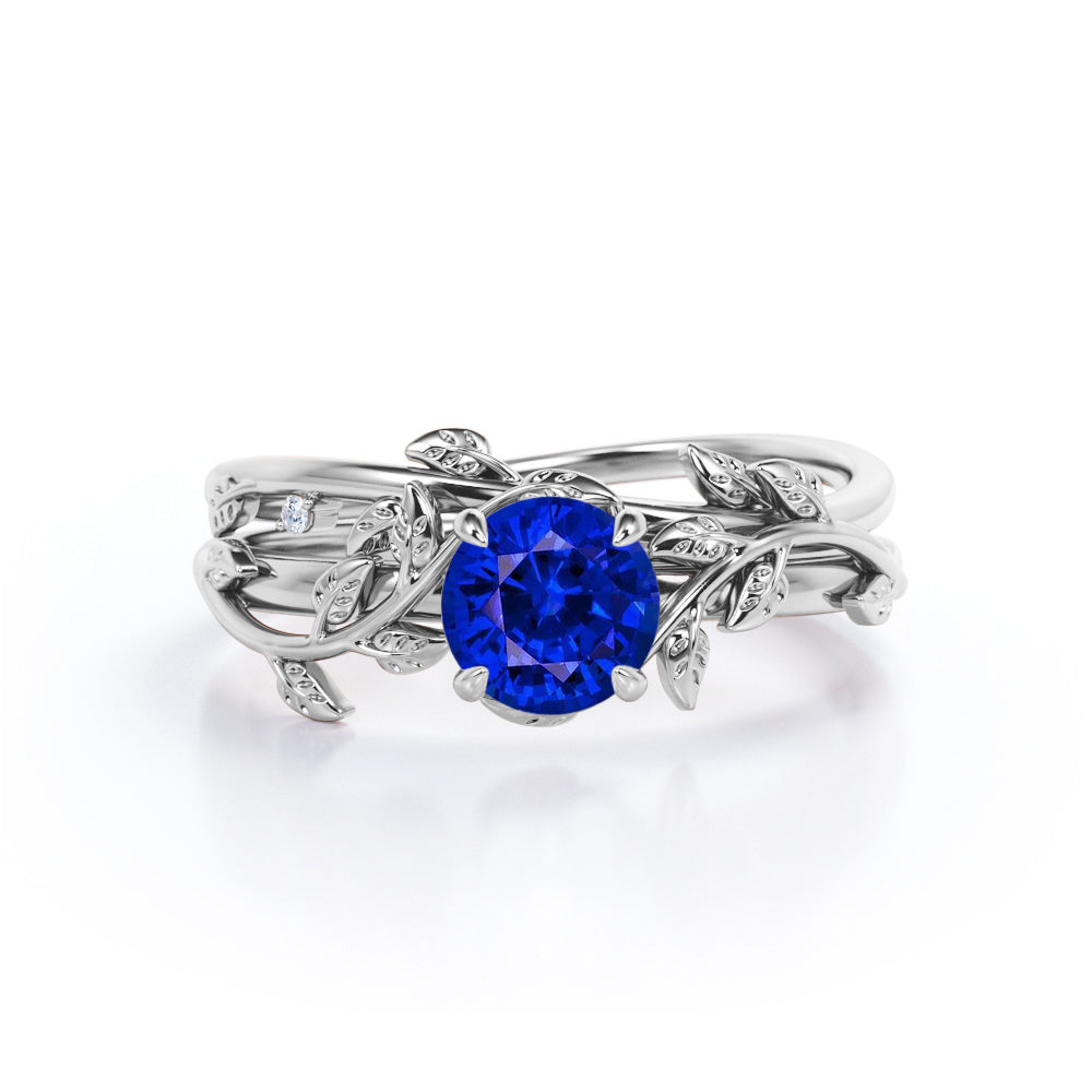 Nature Inspired 1 carat Round cut Lab-Created Sapphire and Diamond Wedding ring set in White Gold