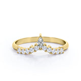 V Shaped - 0.20 TCW Marquise and Round Moissanite - Cluster Prong Wedding Band - Yellow Gold