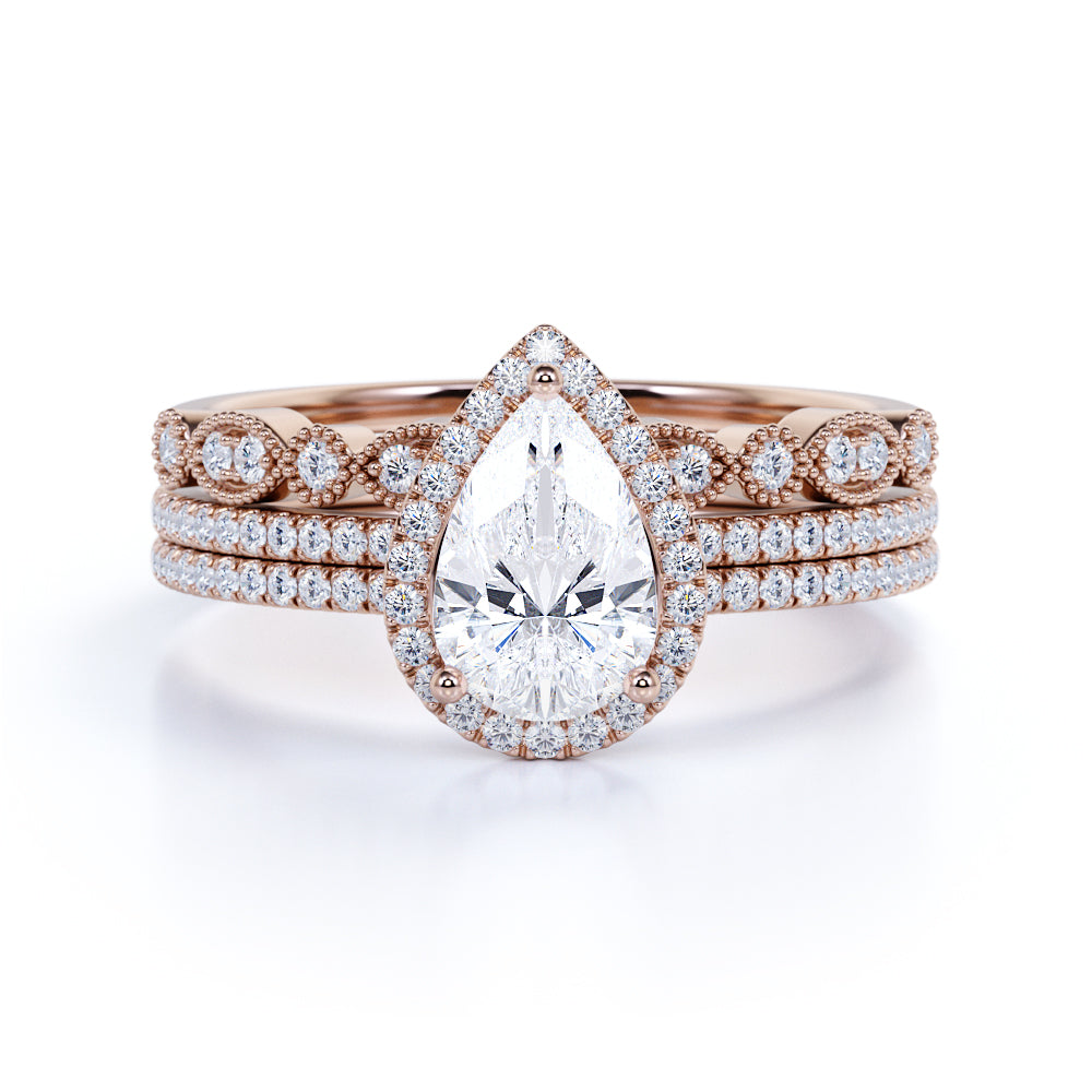 Pave 2 Carat Pear Cut Moissanite Halo Trio Set