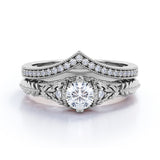 Engraved .68 Carat Round Cut Real Diamond Victorian-Inspired Wedding Ring Set with Chevron Wedding Band in 10k White Gold