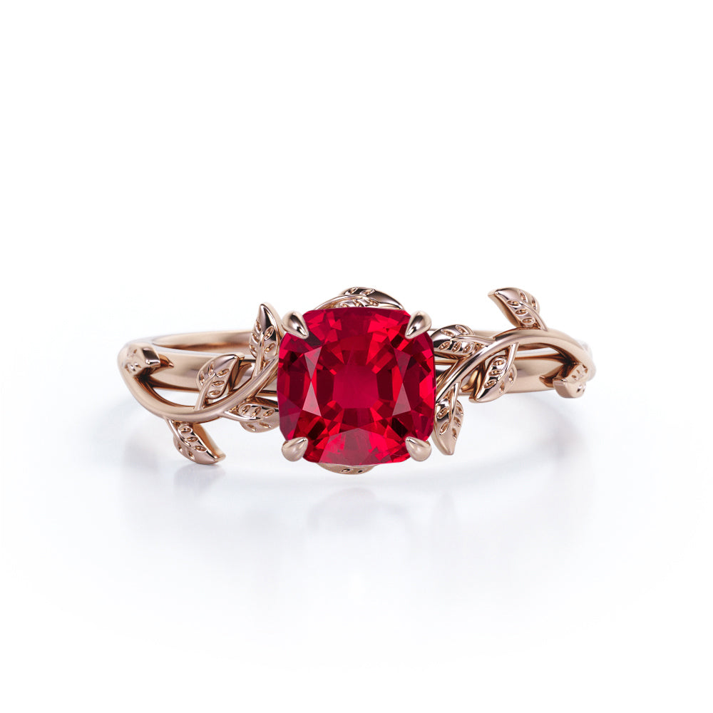 Floral 1 ct Cushion Lab-Created Ruby Solitaire Engagement Ring