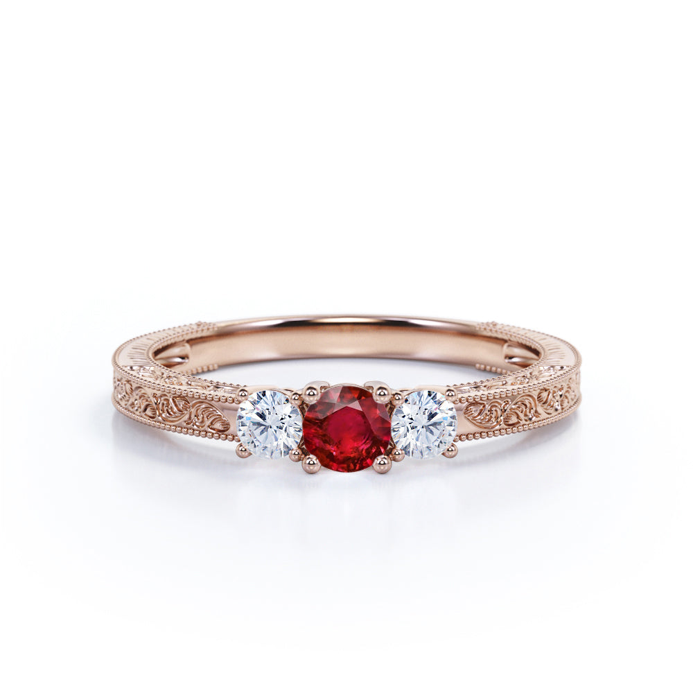 Filigree 0.70 ct Round Lab-Created Ruby Three-Stone Engagement Ring
