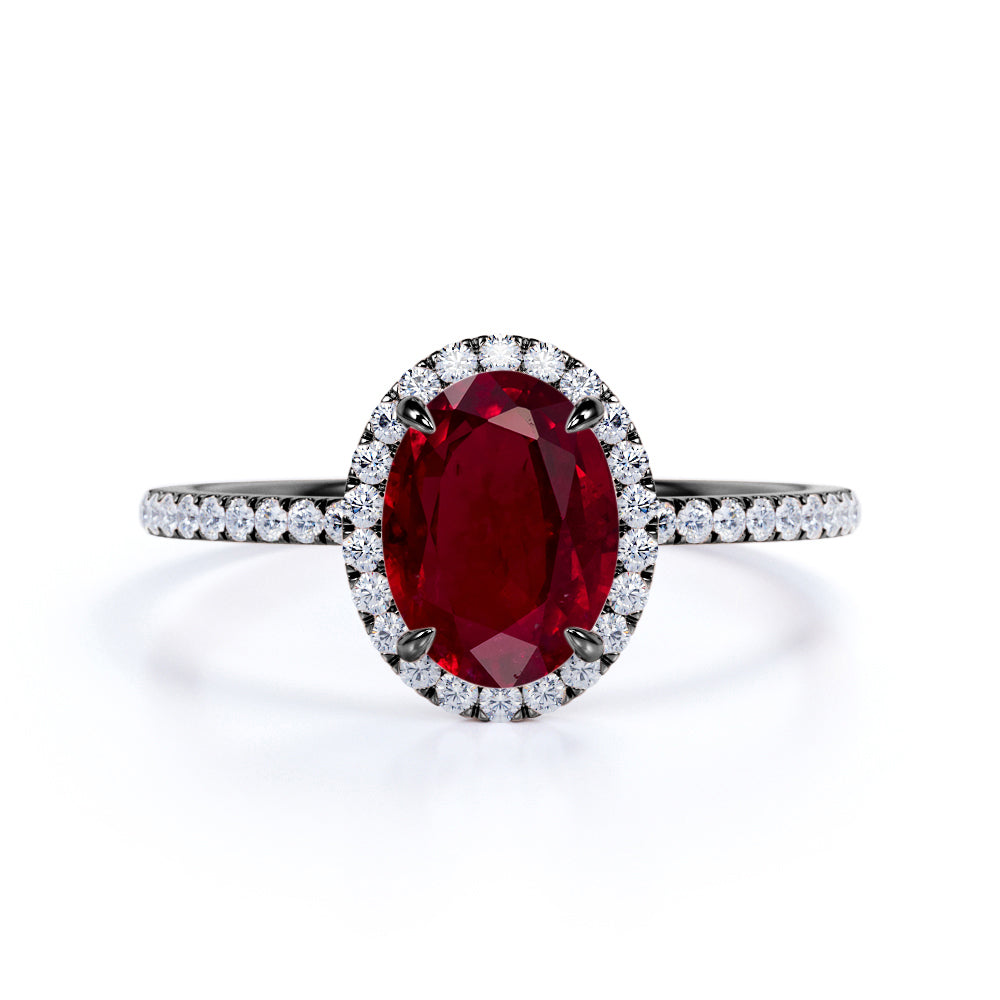 Pave 1.25 ct Oval Lab-Created Ruby Halo Engagement Ring