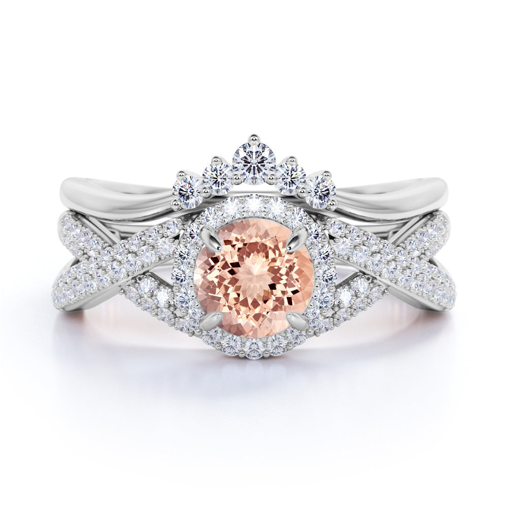 2 Carat Round Cut created morganite and Moissanite Vintage Crown Wedding Ring Set in 18k Rose gold over Silver