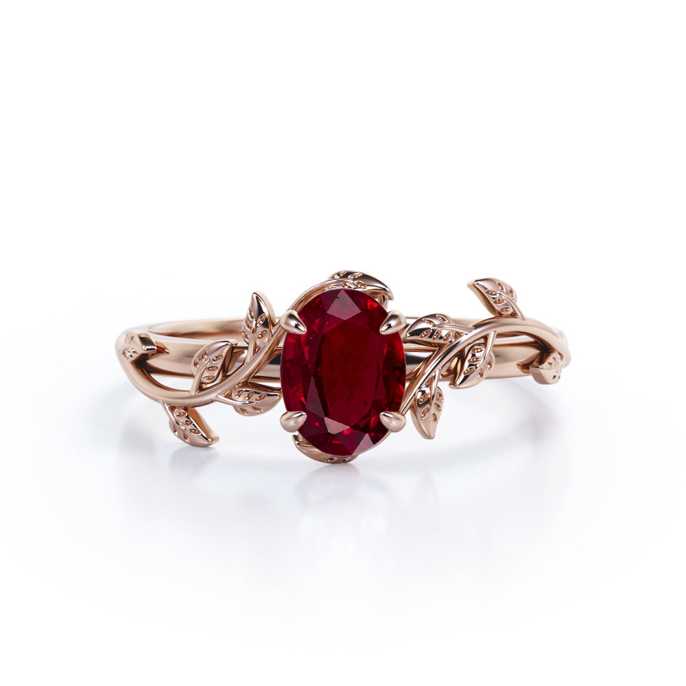 1 ct Oval Lab-Created Ruby Leaf Vine Engagement Ring