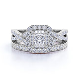 1.25 ct - Square Moissanite - Double Halo - Twisted Band - Vintage Inspired - Pave - Wedding Ring Set in 18K Rose Gold over Silver
