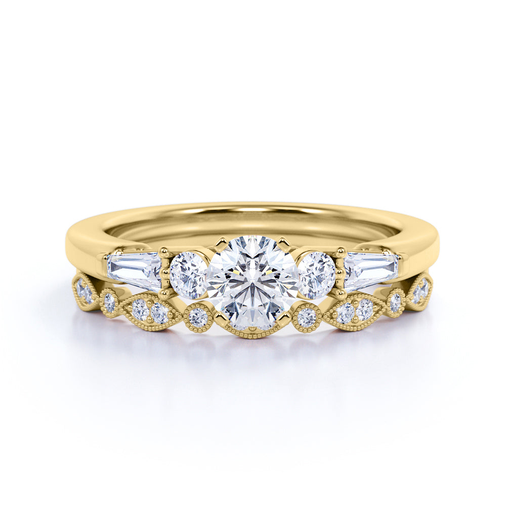 1.50 ct - Circle Cut Moissanite - Vintage - 5 Stone Ring - Art Deco - Scalloped - Wedding Set - 18K White Gold over Silver