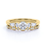 1.50 ct - Circle Cut Moissanite - Vintage - 5 Stone Ring - Art Deco - Scalloped - Wedding Set - 18K White Gold over Silver