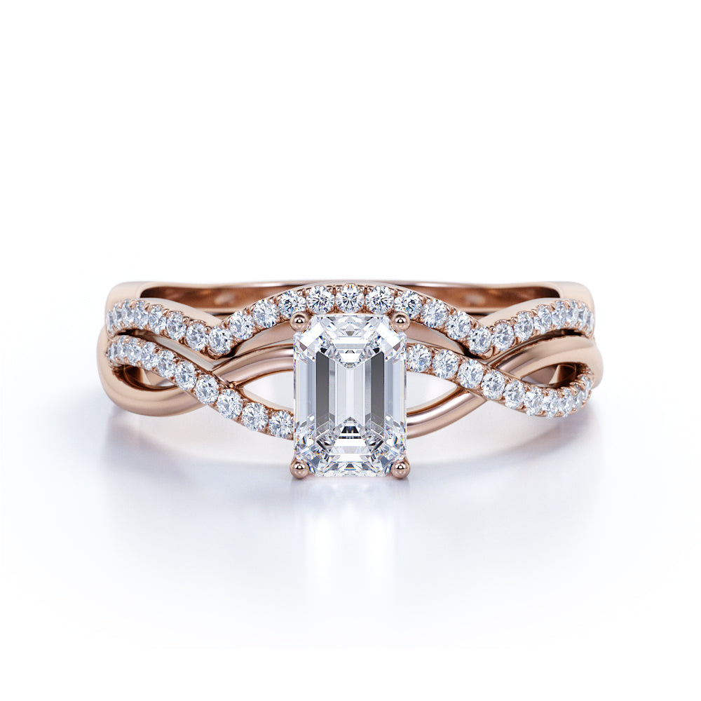 Three Stone 1.50 Carat Emerald Cut Moissanite Bridal Set