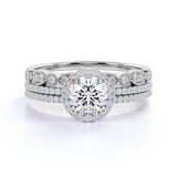 Pave 2 Carat Round Cut Moissanite Halo Trio Set