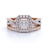 1.75 ct - Square Moissanite - Double Halo - Twisted Band - Vintage Inspired - Pave - Wedding Ring Set in 18K Yellow Gold over Silver