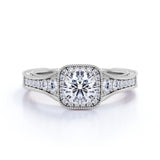 Vintage Beaded 1 Carat Round Moissanite Halo Engagement Ring