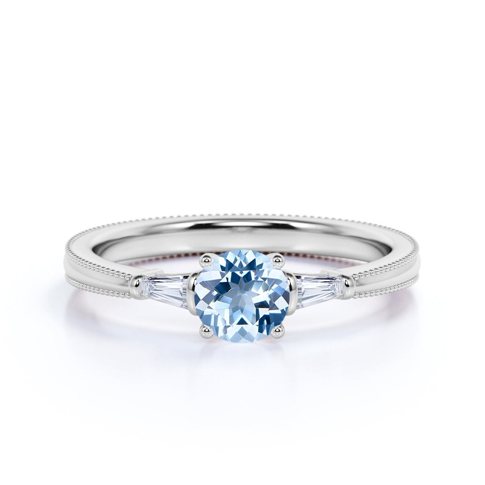 1.10 carat Round Sky Blue Created Aquamarine 3 Stone Simple Engagement Ring in 18k Yellow Gold over Silver