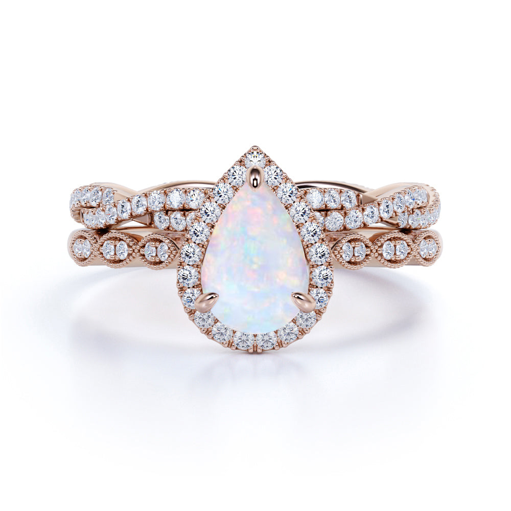 1.5 Ct Pear Cut Lab Created Opal Halo Bridal Set