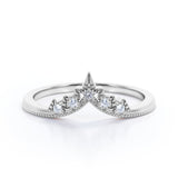 Milgrain Bordered 0.10 TCW Round Cut Moissanite Crown Design Wedding Band in White Gold