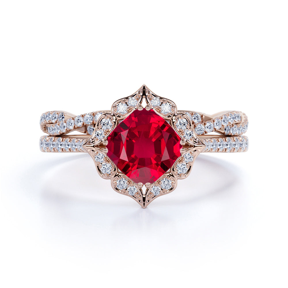 Pave Halo 1.50 ct Cushion Lab-Created Ruby Infinity Bridal Set