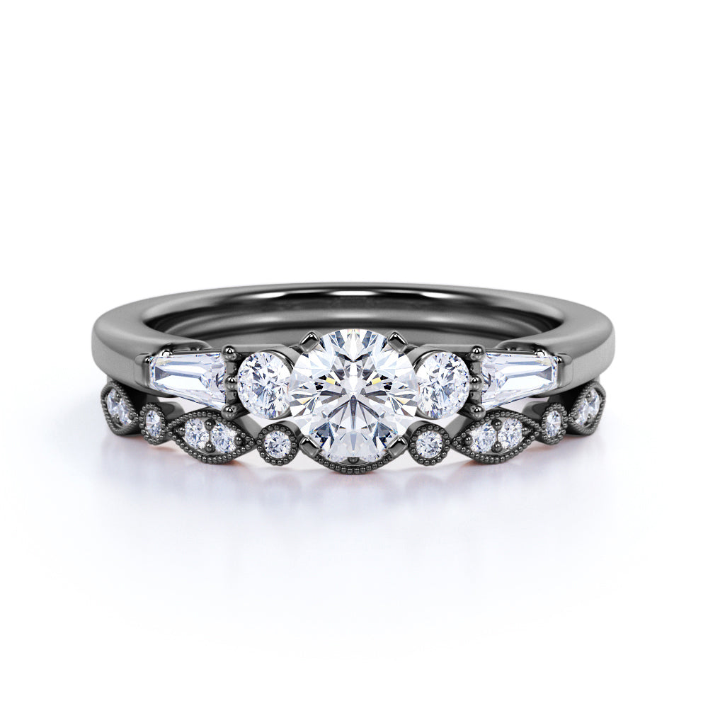 1.50 ct - Circle Cut Moissanite - Vintage - 5 Stone Ring - Art Deco - Scalloped - Wedding Set - 18K White Gold over Silver