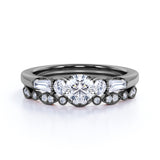 1.50 ct - Circle Cut Moissanite - Vintage - 5 Stone Ring - Art Deco - Scalloped - Wedding Set - 18K White Gold over Silver