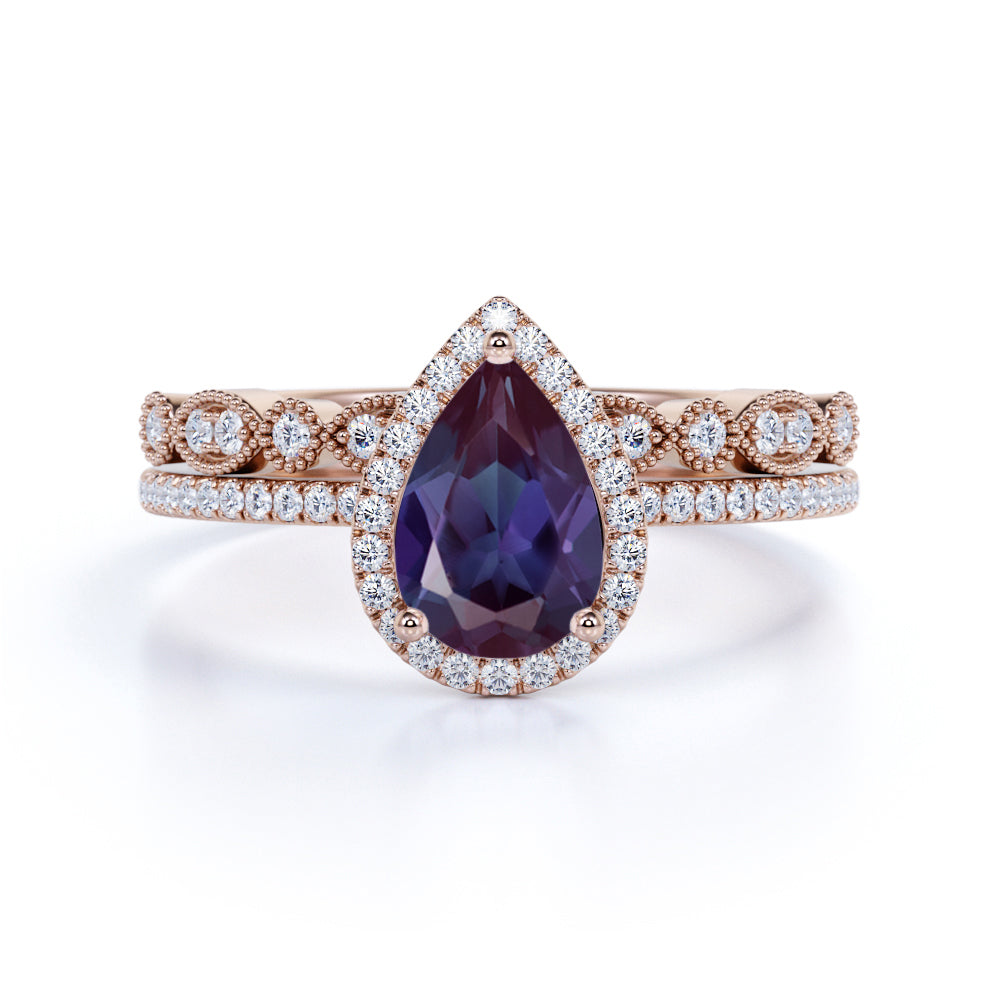 Halo 1.75 Ct Pear Lab Alexandrite Pave Bridal Set