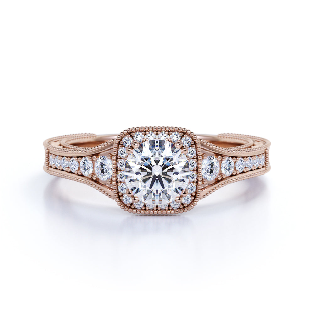 Vintage Beaded 1 Carat Round Moissanite Halo Engagement Ring