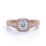 Vintage Beaded 1 Carat Round Moissanite Halo Engagement Ring