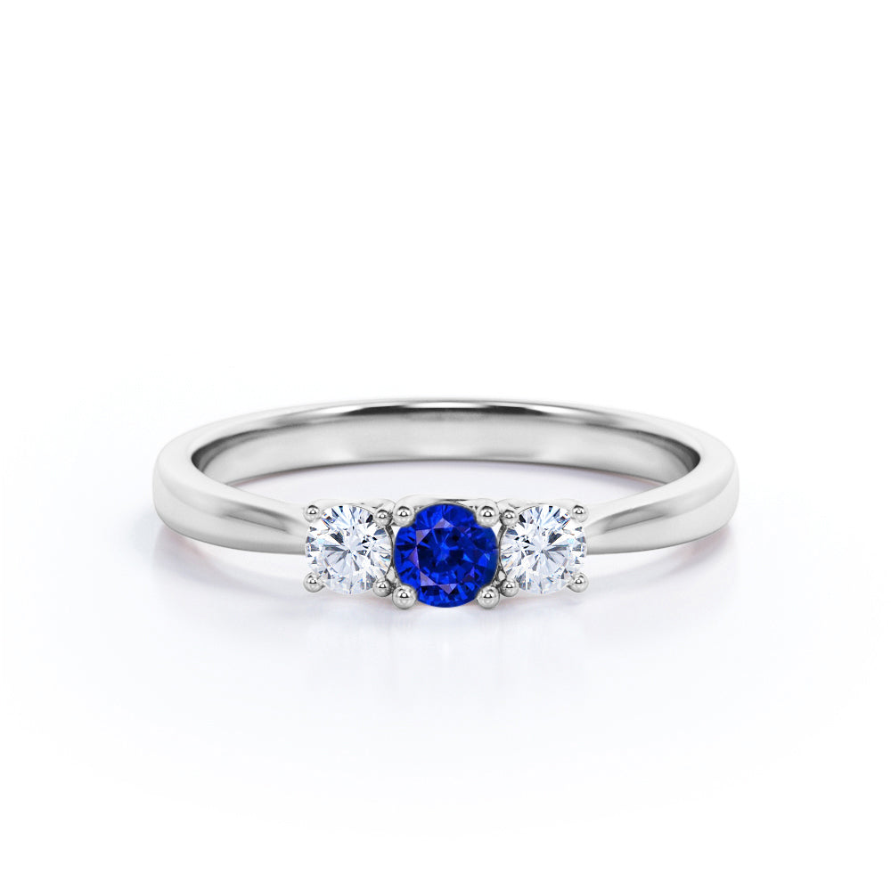 Classic three stone 0.7 carat Round cut Lab-Created Sapphire and Diamond Engagement ring in White Gold