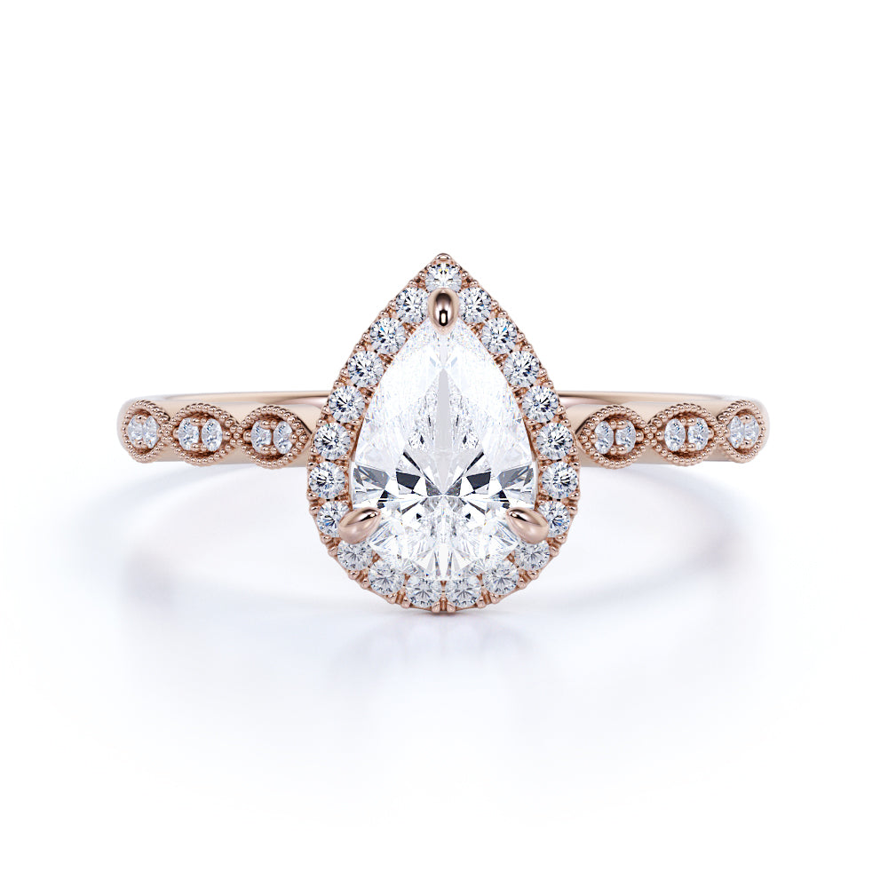 Vintage 1.25 Carat Moissanite Pear Cut Halo Engagement Ring