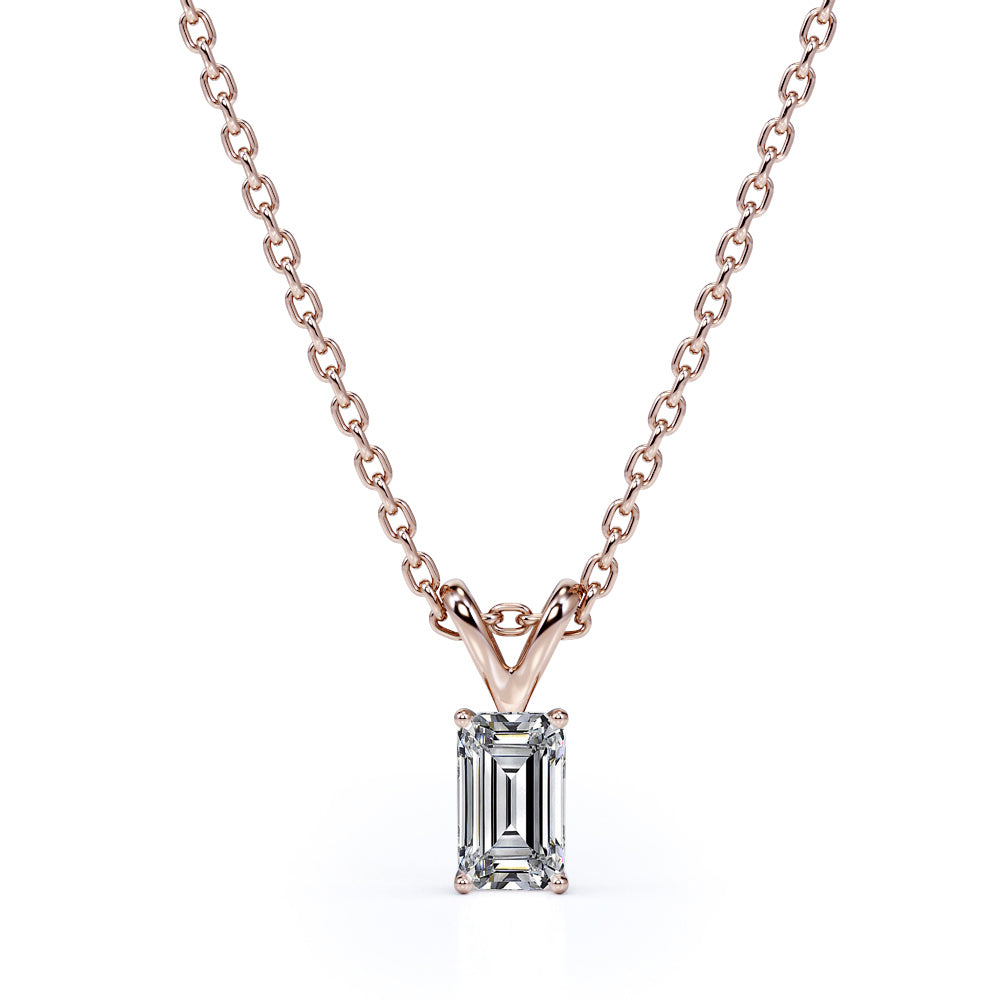 Certified - 0.5 Carat Emerald Cut Moissanite - Charming Pendant Necklace - 18K White Gold Plating Over Silver