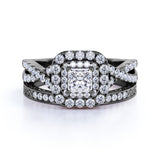 1.75 ct - Square Moissanite - Double Halo - Twisted Band - Vintage Inspired - Pave - Wedding Ring Set in 18K Yellow Gold over Silver