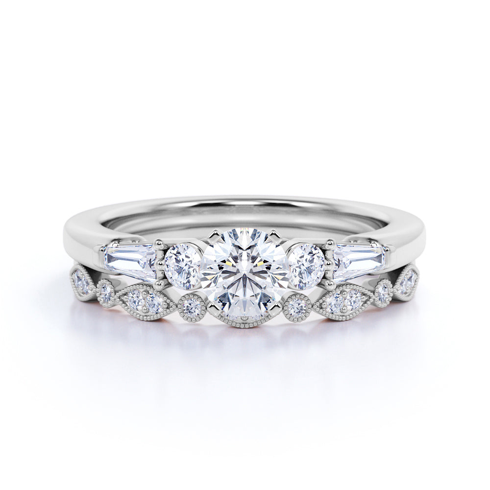 1.50 ct - Circle Cut Moissanite - Vintage - 5 Stone Ring - Art Deco - Scalloped - Wedding Set - 18K White Gold over Silver