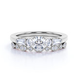 1.50 ct - Circle Cut Moissanite - Vintage - 5 Stone Ring - Art Deco - Scalloped - Wedding Set - 18K White Gold over Silver