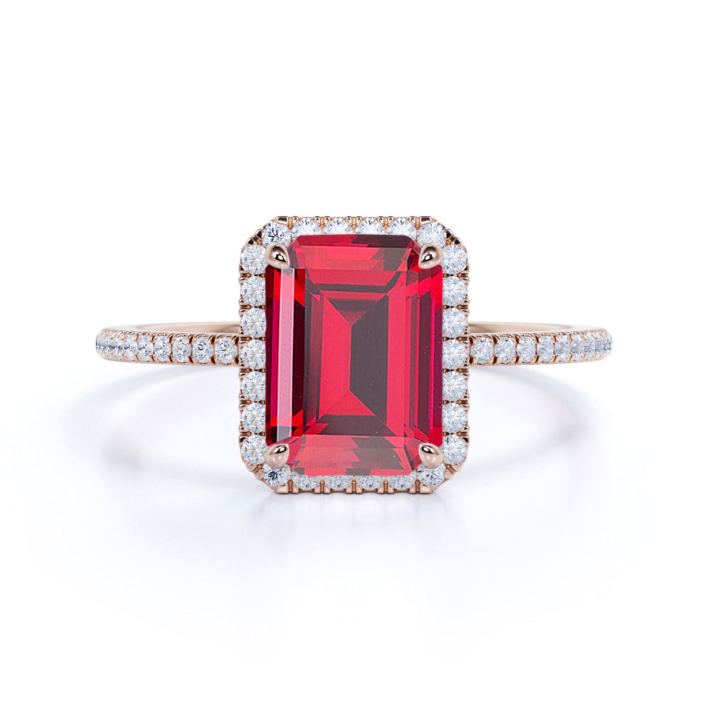 Pave 1.30 ct Emerald Lab-Created Ruby Halo Engagement Ring