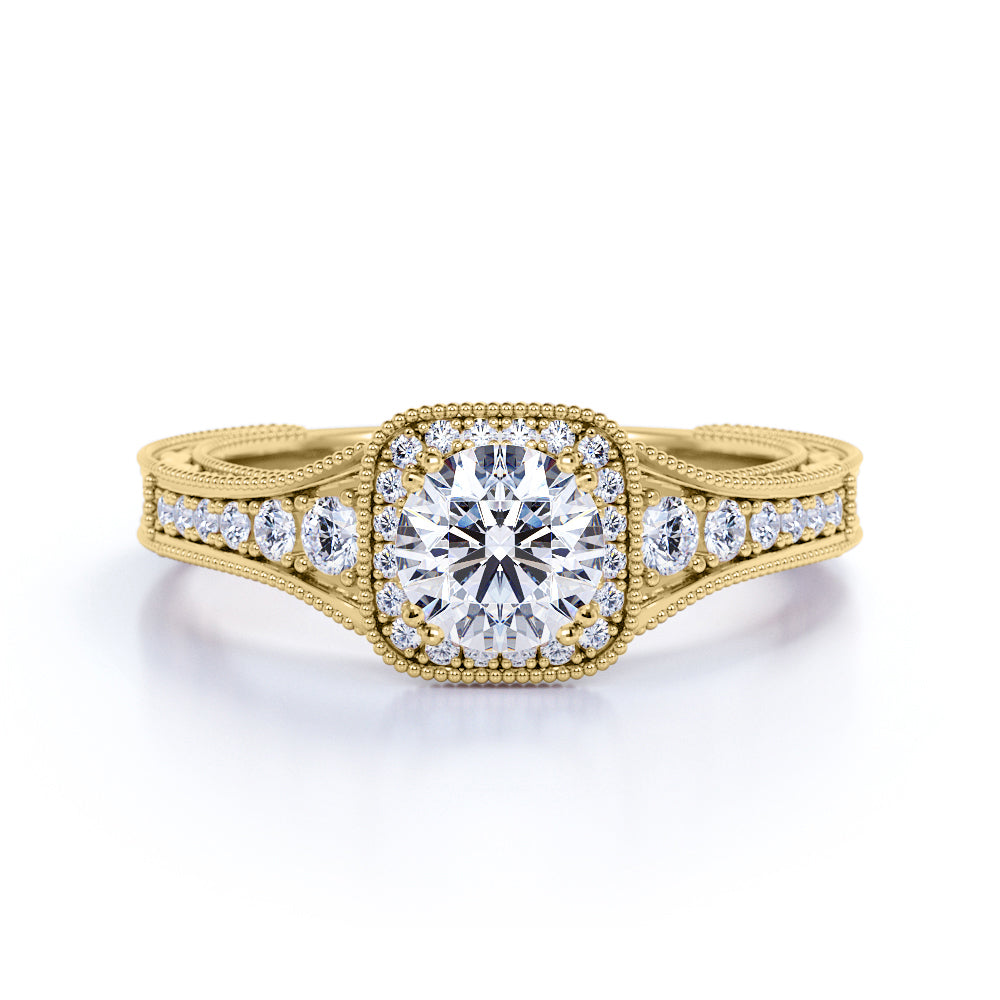 Vintage Beaded 1 Carat Round Moissanite Halo Engagement Ring