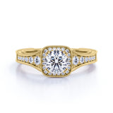 Vintage Beaded 1 Carat Round Moissanite Halo Engagement Ring