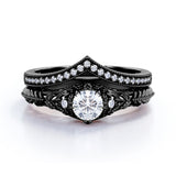 Engraved .68 Carat Round Cut Real Diamond Victorian-Inspired Wedding Ring Set with Chevron Wedding Band in 10k White Gold