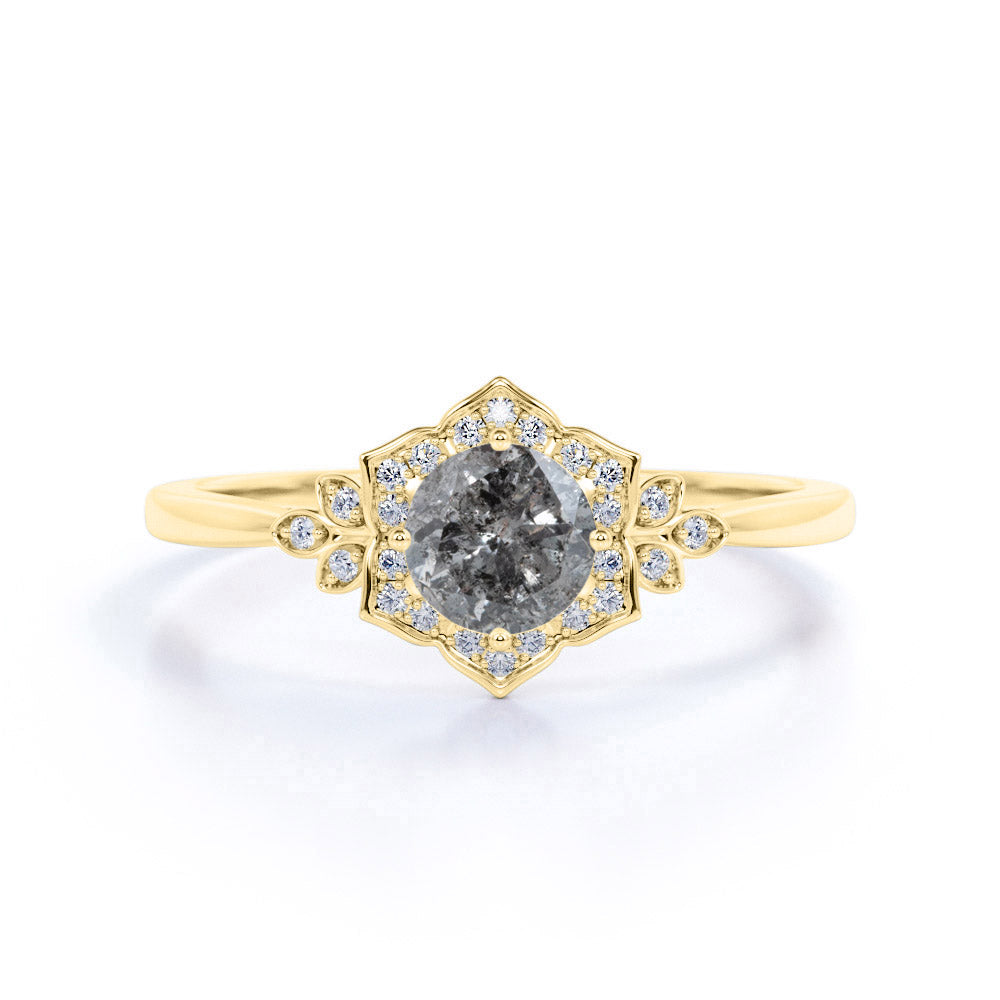 0.70 Ct Round Cut Salt and Pepper Diamond Floral Engagement Ring