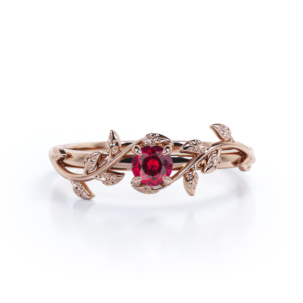 Nature Inspired 1 carat Round cut Lab-Created Ruby Solitaire Engagement ring in Rose Gold