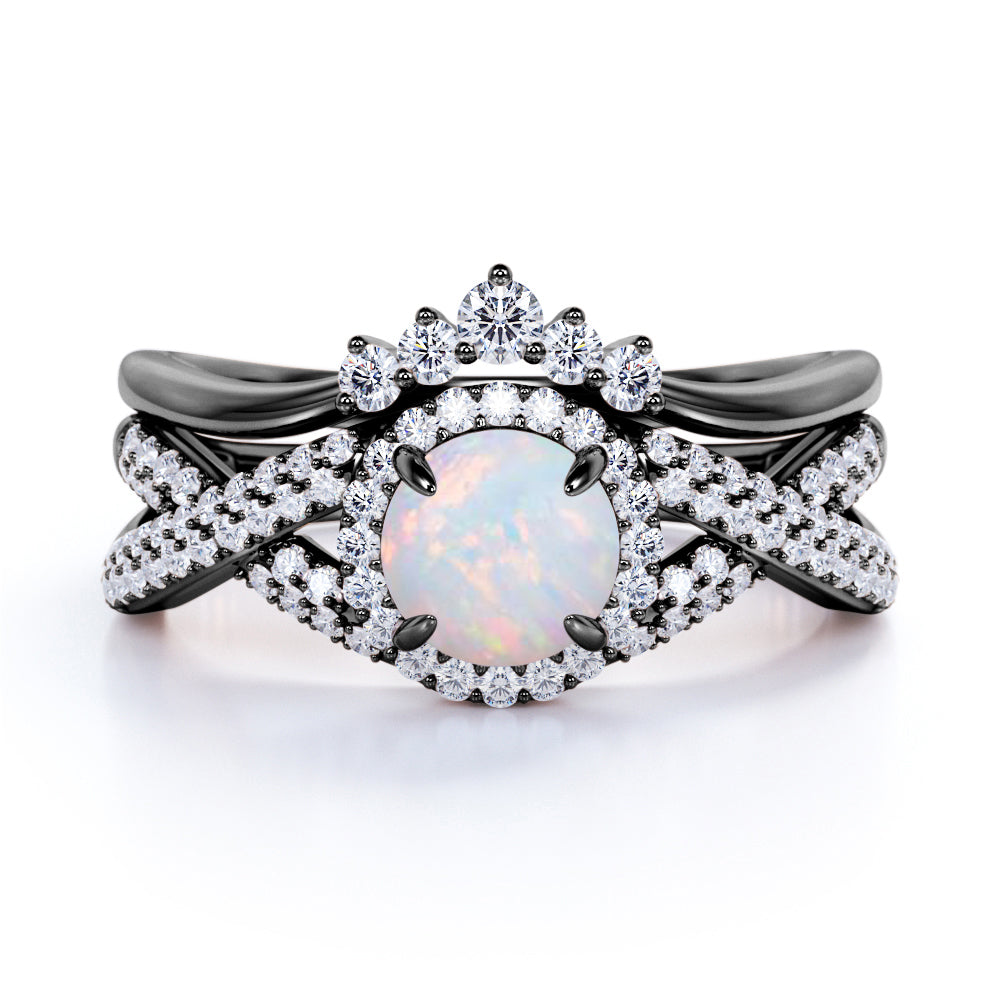 1.75 Vintage Round Blue Fire Opal and Moissanite Wedding Ring Set in 18K White Gold over Silver