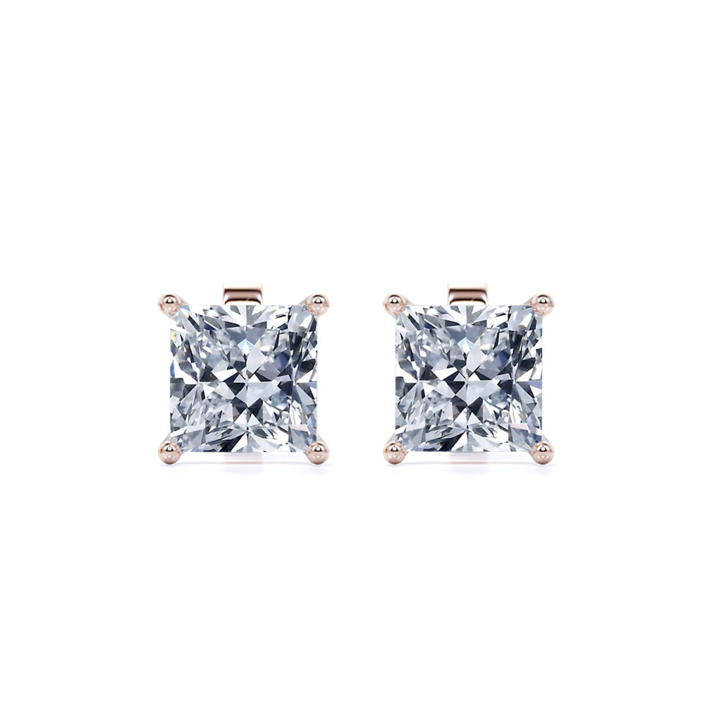 Certified - 4 Prong - 3 Carat Princess Cut Moissanite - Solitaire Stud Earrings - 18K White Gold Plating Over Silver