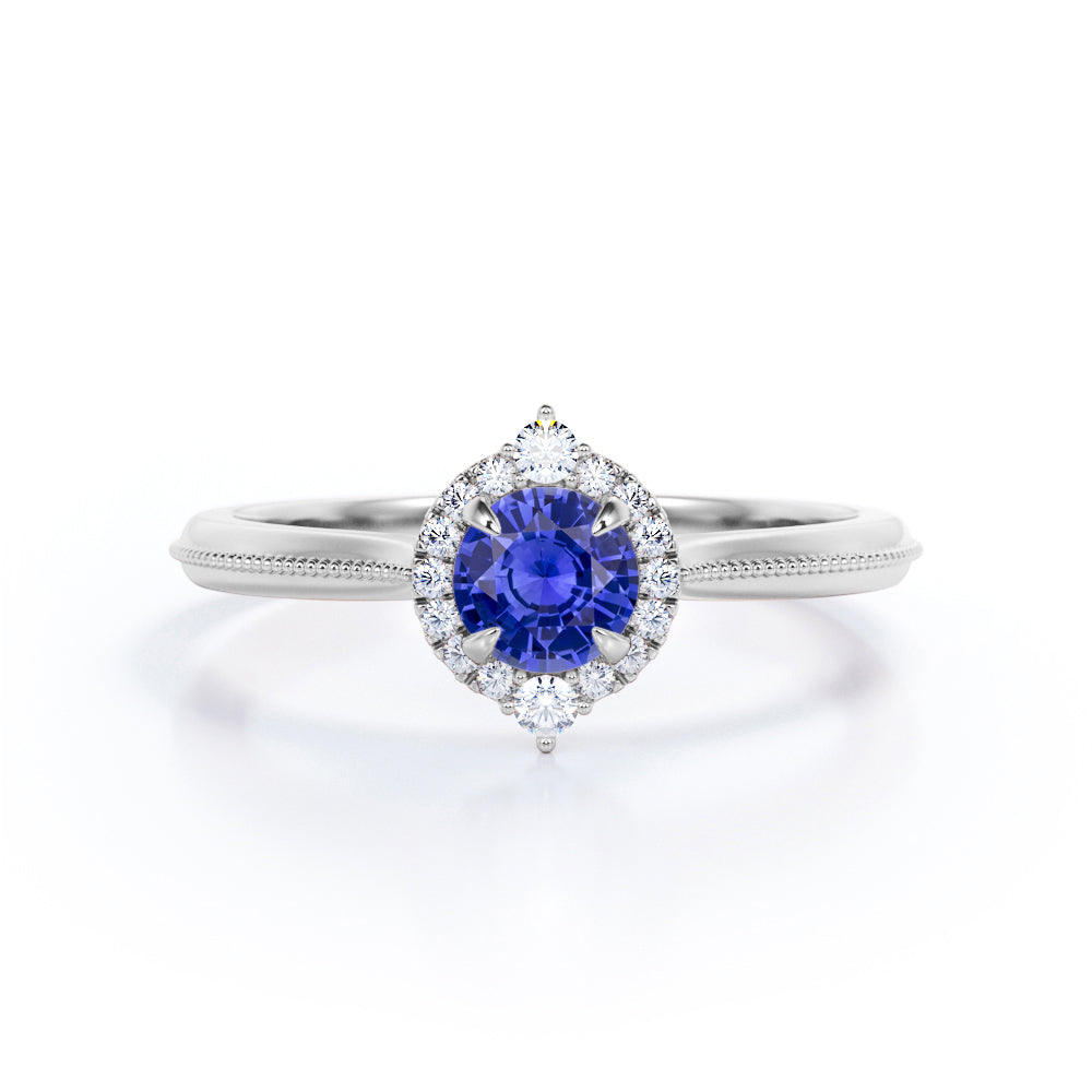 Milgrain 0.70 Ct Round Cut Lab Sapphire Engagement Ring