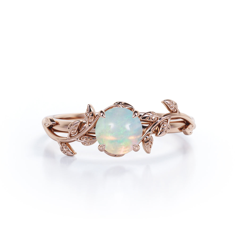 Botanical Design - 0.50 Carat Round Shaped White Fiery Opal - Solitaire Engagement Ring - 18K White Gold Plating over Silver