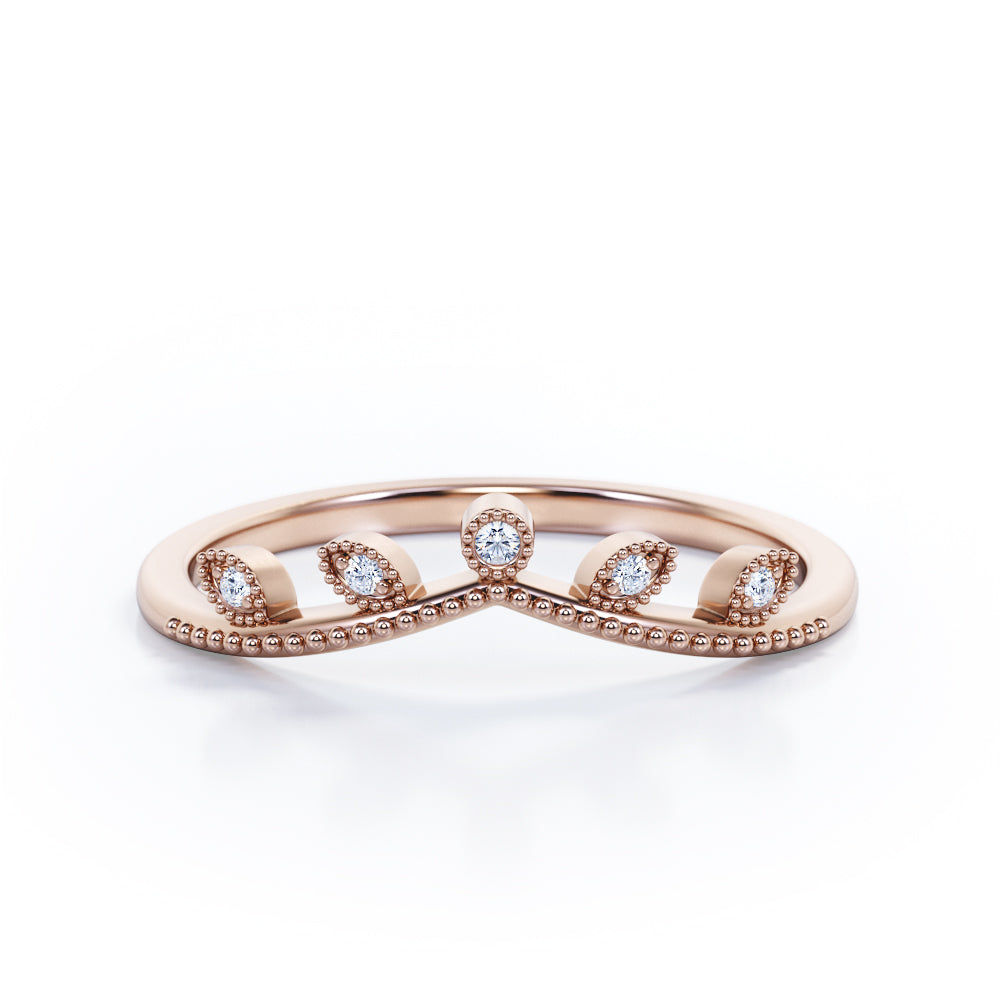 Milgrain Edged 0.10 Ct Round Cut Curved Wedding Band