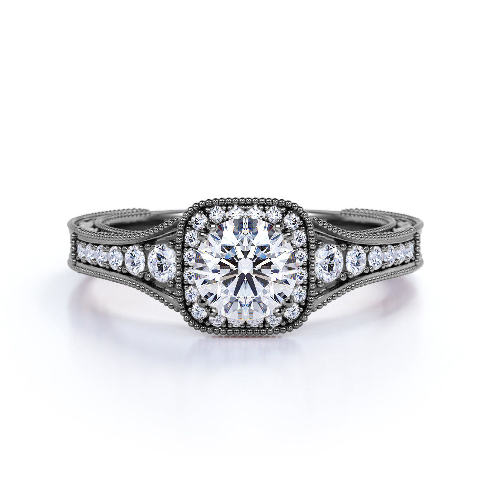Vintage Beaded 1 Carat Round Moissanite Halo Engagement Ring
