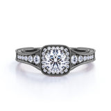 Vintage Beaded 1 Carat Round Moissanite Halo Engagement Ring